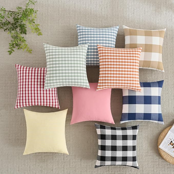 Cute Pink And White Gingham Plaid Pillow Covers 18x18 Set of 2, Light Pink Living Room Decor Throw Pillows For Bed Couch, Farmhouse Outdoor Square Cushion Covers 18 x 18 (No Pillow Inserts)
