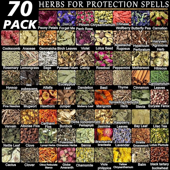 70pack Witchcraft Supplies Herbs Kit, Dried Flowers for Witch Beginner, Bulk Herb Gift Set for Wicca, Pagan, Wiccan Rituals, Magic Spell, Altar Supplies Healing Natural Herbal for Candle Soap Making