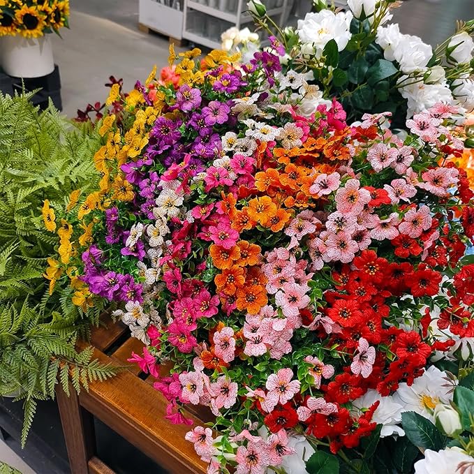 WEAUSUP 28 Bundles Artificial Plants & Flowers Silk Fake Flowers UV Resistant Bushes Plastic Artificial Flowers Faux Outdoor Indoor Plants for Spring Summer Patio Decorations(7 Colors)