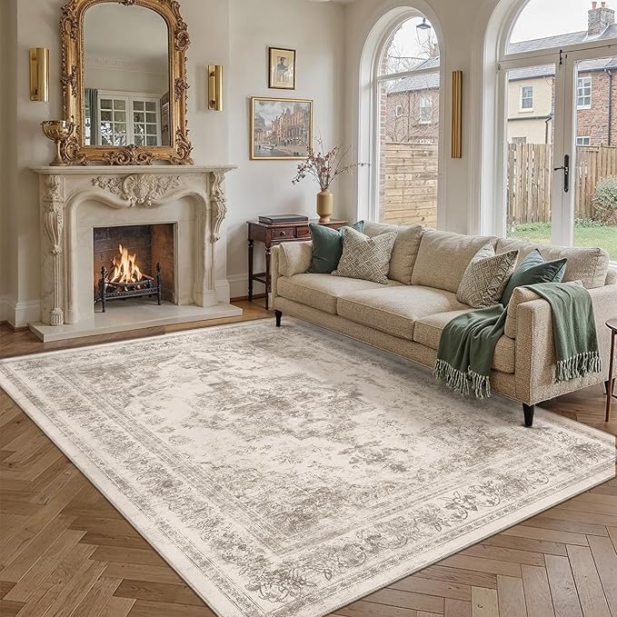 PureCozy Area Rug 6x9 Beige Washable Living Room Carpet Non Slip Vintage Medallion Indoor Bedroom Carpet Low Pile Soft Retro Distressed Large Rug Home Office Dining Room Playroom