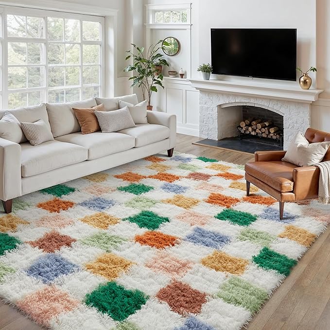 PureCozy Checkered Rug 8x10 for Living Room, Modern Neutral Shag Rug Washable Non-Slip Large Area Rug Super Soft Indoor Fuzzy Carpet Fluffy Rugs for Bedroom Home Aesthetic Decor