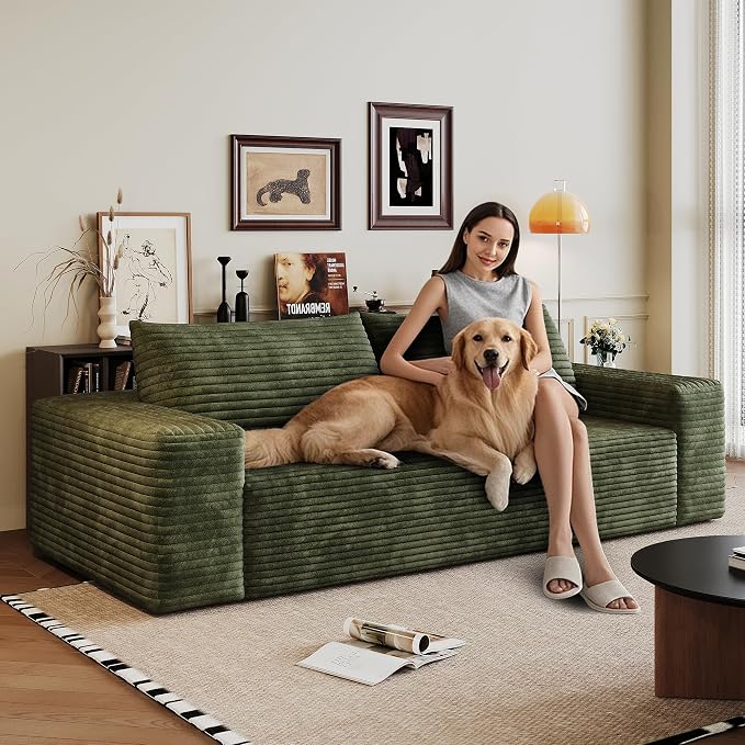 JINGLING 63" Small Couches for Small Spaces, Comfy Boneless Couch in a Box, Love Seat Compressed Sofa for Living Room Bedroom, Apartment Furniture, No Assembly, Corduroy, Green