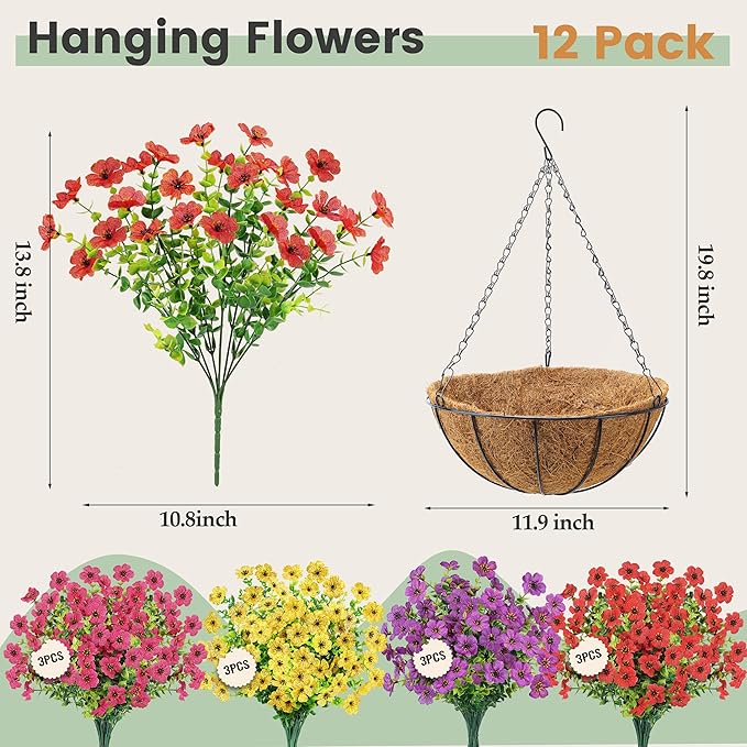 Der Rose Artificial Hanging Flowers Basket for Outdoors Fake Hanging Plants Spring Summer Decoration UV Resistant for Garden Front Porch Patio Balcony Decor