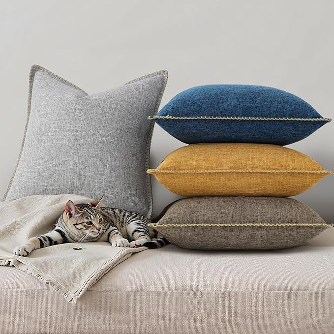 decorUhome Summer Decorative Throw Pillow Covers 16x16 Set of 2 Square Faux Linen Outdoor Neutral Farmhouse Pillow Covers with Stitched Edge for Couch Sofa Living Room, Light Grey