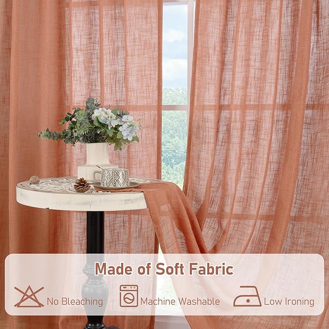 LAMIT Terracotta Linen Boho Curtains 80 inch Length, Light Filtering Semi Sheer Panels Back Tab and Rod Pocket Neutral Panels for Bedroom/Living Room, 52 x 80 Inch
