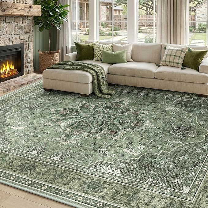 RELEANY Area Rugs 7'x10' Washable Non-Slip, Floral Vintage Distress Medallion Carpet for Living Room Bedroom Dining Room, Dark Green Gray