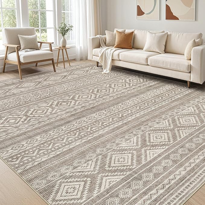 cotiled 10x14 Area Rug Living Room: Washable Boho Rugs with Non Slip Backing Large Soft Indoor Stain Resistant Carpet for Bedroom Farmhouse Dining Room Lightweight Home Decor Coffee Brown