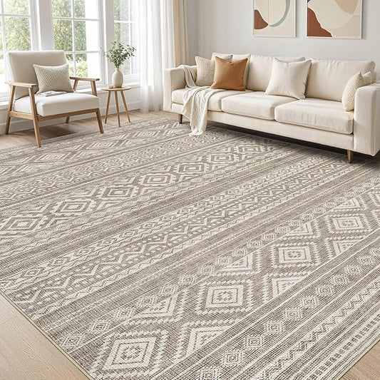 cotiled 10x12 Area Rug Living Room: Washable Boho Rugs with Non Slip Backing Large Soft Indoor Stain Resistant Carpet for Bedroom Farmhouse Dining Room Lightweight Home Decor Coffee Brown