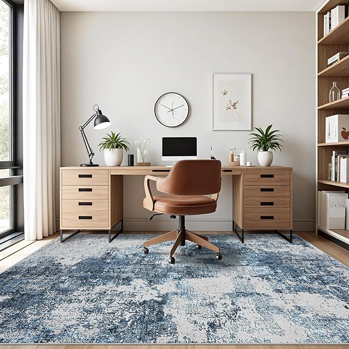 8x10 Area Rug for Living Room Bedroom: Large Washable Rug with Anti-Slip Backing Non-Shedding Stain-Resistant Soft Abstract Carpet for Dining Room Nursery Home Office (Blue)