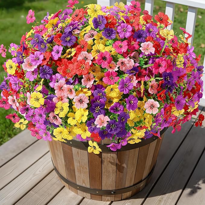 Alupssuc 24 Bundles Artificial Flowers for Outdoors Decoration, UV Resistant Silk Faux Floral Spring Fake Plastic Plants Greenery for Outside Indoor Patio Porch Window Box Home Decor, Mix 6 Colors