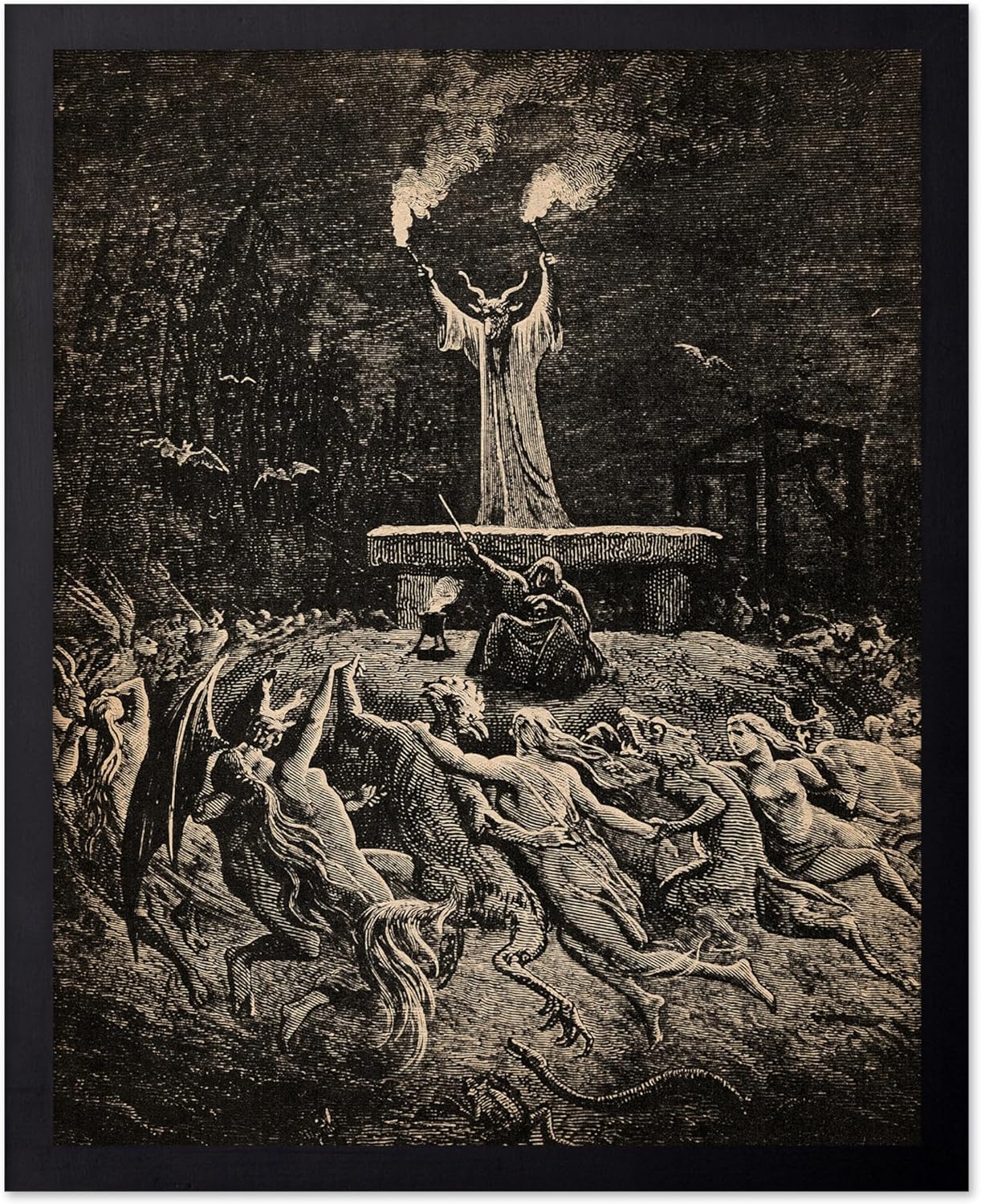 Poster Master Vintage Gustave Dore Poster - Retro Illustration Print - Gift for Gothic, Horror Fan - Dance of Sabbath, Witch, Magic, Spell - Wall Decor for Bedroom, Dorm, 8x10 Black Framed