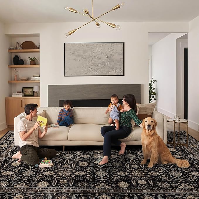 Ruaruarug Washable Area Rug 10x14 for Living Room, Bedroom, Ultra Soft Non Slip Stain & Fade Resistant, Pet & Kids Friendly, Suitable for High Traffic Areas Easy to Clean for Kitchen, Black Gold