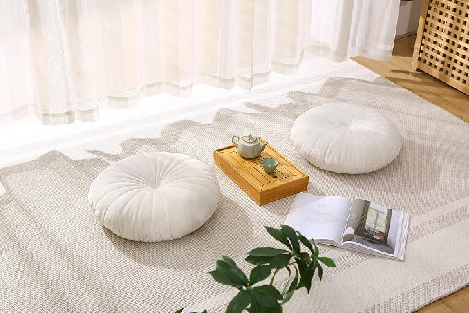 Floor Pillow Meditation Cushion Round Large Floor Pillows Seating for Adults, Velvet Thick Floor Cushions for Yoga Living Room Balcony Outdoor Tatami 18inch（Beige）