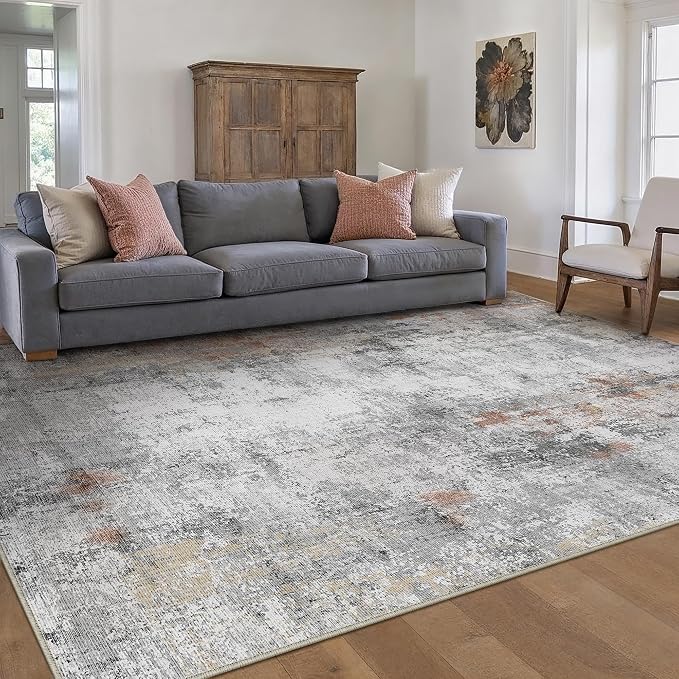 10x14 Washable Area Rug Rust Grey Abstract Non Slip Soft Low Pile Rug for Living Room Bedroom Dining Room Office Neutral Modern Indoor Large Throw Carpet for Home Decor