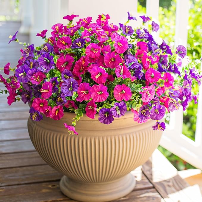 HyeFlora Artificial Flowers for Outdoors Fake Plants Outside Decoration, 12 Bundles Silk Colorful Morning Glory with Eucalyptus UV Resistant Realistic Faux Flowers for Planter Porch Patio Yard Garden