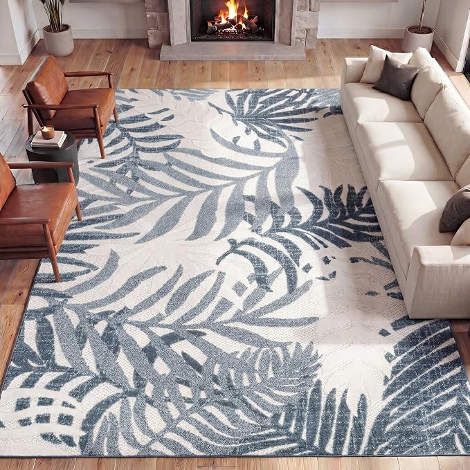 JONATHAN Y Tropics Palm Leaves Indoor Outdoor Area Rug 8X10 Cream/Dark Blue