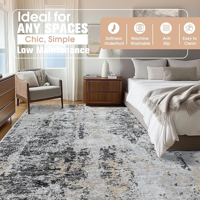 9x12 Area Rugs for Living Room Rug Washable: Abstract Large Rug for Dining Room Bedroom Carpet Non Slip 9 by 12 Indoor Modern Nursery Home Office Black Grey Gold