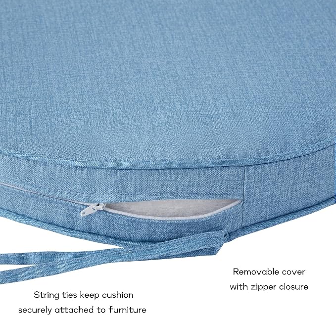 Set of 2 Outdoor 18 inch Round Patio Dining Chair Pads – Comfortable Fiber-Filled Seat Cushions with Ties, Reversible Polyester Fabric, Denim