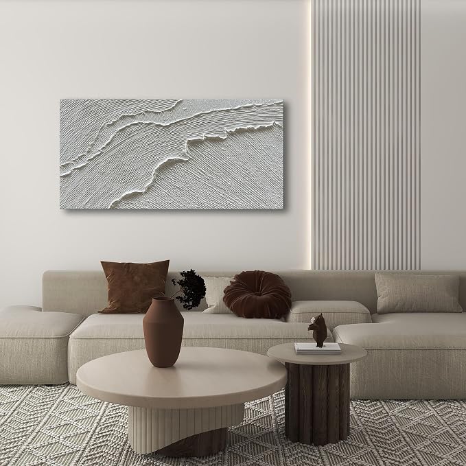 NANKAI Art A thickly Textured White Abstract Oil Painting Depicting a Beach Wave Landscape. Artwork Suitable for Decorating The Interior Wall as a Decorative Piece 24x48 inches