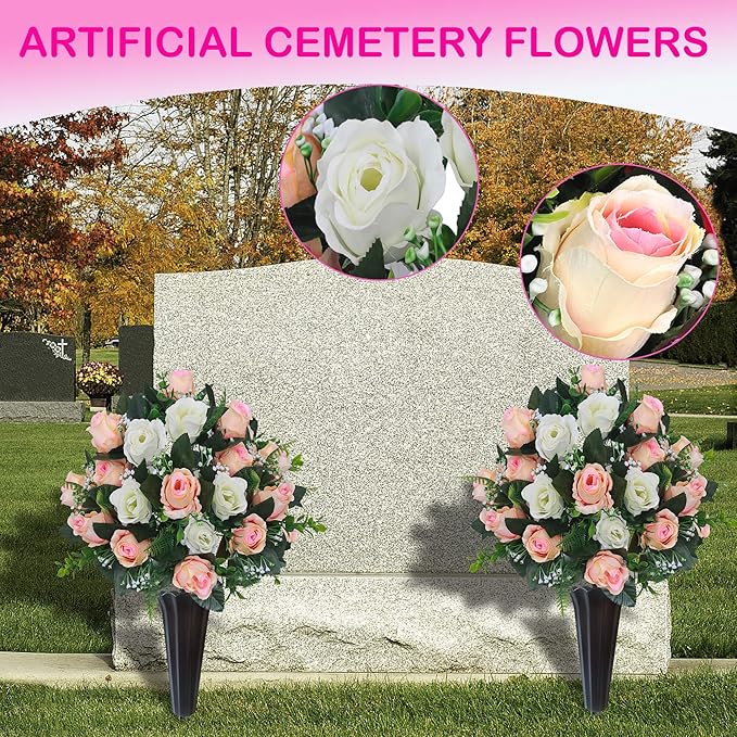Lodou Set of 2 Artificial Cemetery Flowers, Memorial Flowers Bouquet,Grave Memorial Flowers with Vase for Cemetery Headstones Decoration (Beige White)