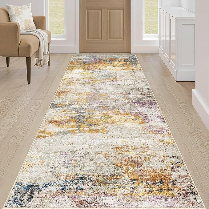 Runner Rug Kitchen Washable Rugs: 3x8 Non-Slip Abstract Soft Modern Stain Resistant Indoor Floor Neutral Accent Throw Carpet for Hallway Bathroom Laundry Room Entryway Bedroom- Gold Colorful