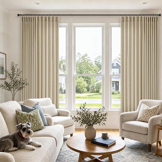 Oatmeal Pinch Pleat Curtains 70x102 Inch Long Farmhouse Memory Trained Light Filtering Sheer Pinch Pleat Extra Wide Curtains for Living Room Bedroom Sliding Patio Door 102 Inches Long 1 Panel