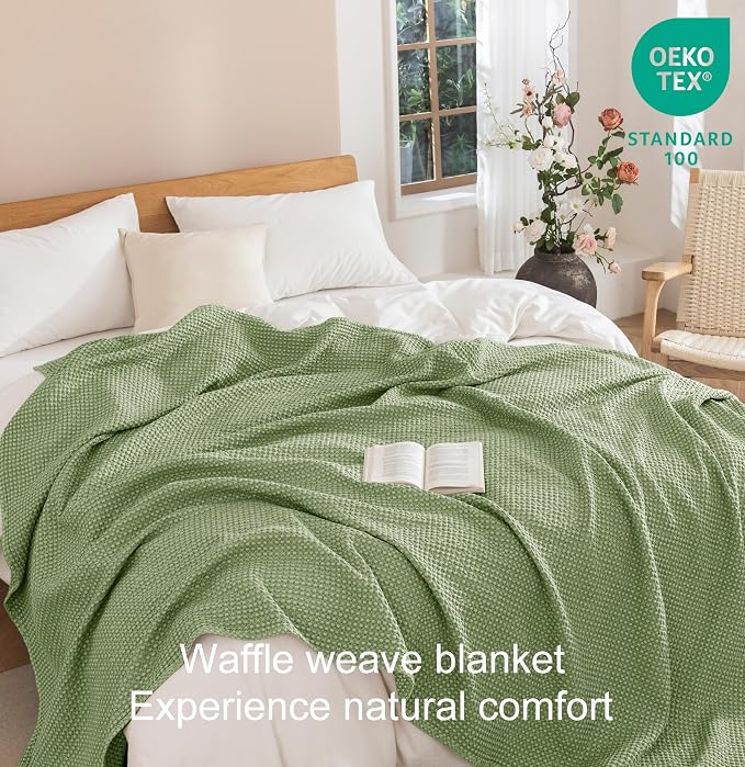 Talasily 100% Cotton Blanket Throw Size for Bed - Spring and Summer Cooling Lightweight & Breathable Bedding -Soft Waffle Weave Christmas Blanket, Machine Washable,Sage Green,50x60 Inches