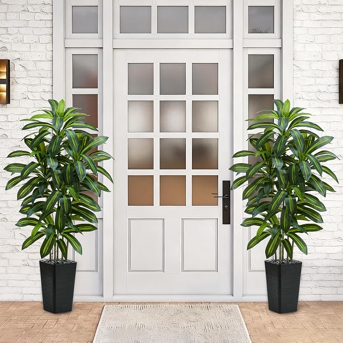 Artificial Dracaena Tree：5FT Faux Silk Tropical Yucca Floor Trees Realistic Fake Green Plant with Natural Wood Trunk & Lifelike Leaves for Home Office Decor Indoor & Outdoor (5FT,1-Pack,Black)