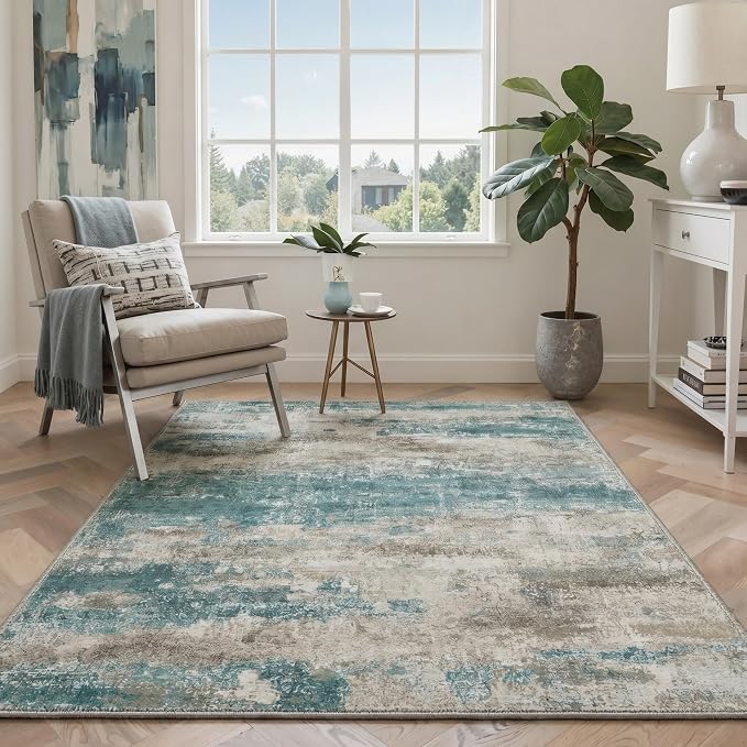 BEIMO 2X6 Runner Rug for Hallway Kitchen, Machine Washable Runners Rug for Entryway, Soft Modern Abstract Throw Rugs, Low Pile Floor Cover with Non Slip Backing, Dusty Teal Grey