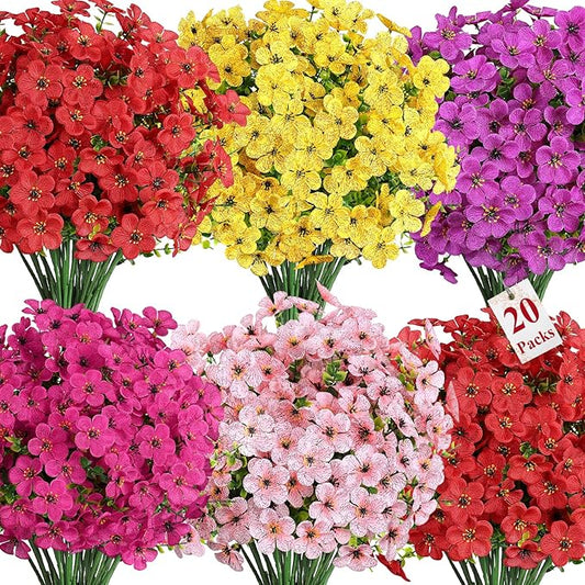 Alupssuc 20 Bundles Artificial Flowers for Outdoor Indoor Decoration, UV Resistant No Fade Fake Plants Eucalyptus, Colorful Faux Spring Flowers for Outside Yard Porch Patio Garden Home Window Box