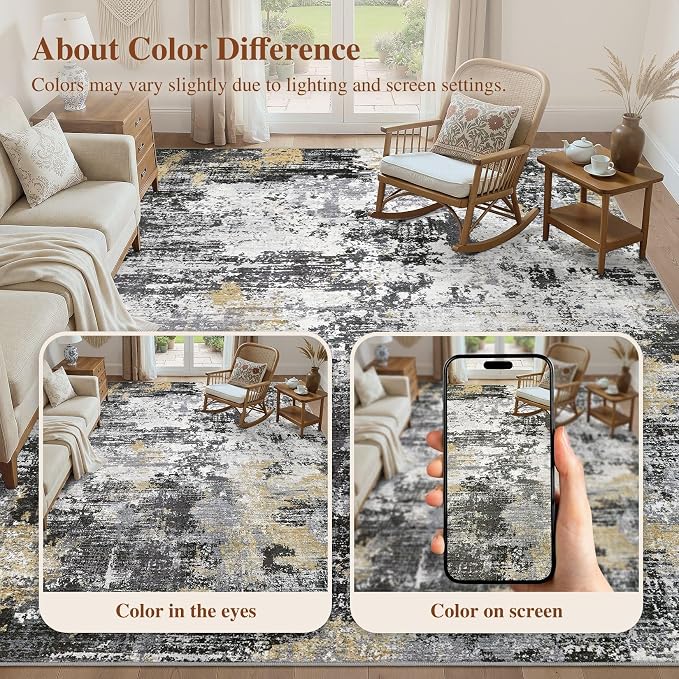 UERMEI 5x7 Area Rug for Living Room - Washable Neutral Modern Abstract Carpet, Non-Slip Soft Large Indoor Floor Rugs for Bedroom Home Office & Under Dining Table Decor, Black/White/Gold