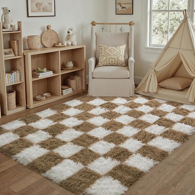 PureCozy 4x6 Area Rugs for Kids Room Brown Soft Shag Checkered Rug Modern Washable Indoor Office Fuzzy Carpet Non-Slip Fluffy Rugs for Bedroom Nursery Dorm Playroom Home Aesthetic Decor