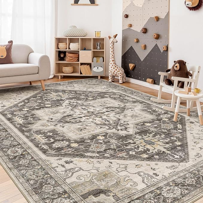 5x7 Area Rugs for Living Room - Large Carpet Ultra Thin Soft Washable Oriental Vintage Floral Distressed Big Indoor Carpets for Bedroom Nursery Dorm Home Decor Aesthetic - Dark Brown