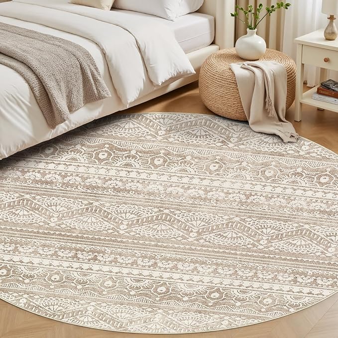 Tortania 5' Round Area Rug Living Room Rugs - Washable Large Soft Neutral Boho Moroccan Bohemian Farmhouse Rug Indoor Floor Carpet for Bedroom Under Dining Table Home Office Decor - Light Brown