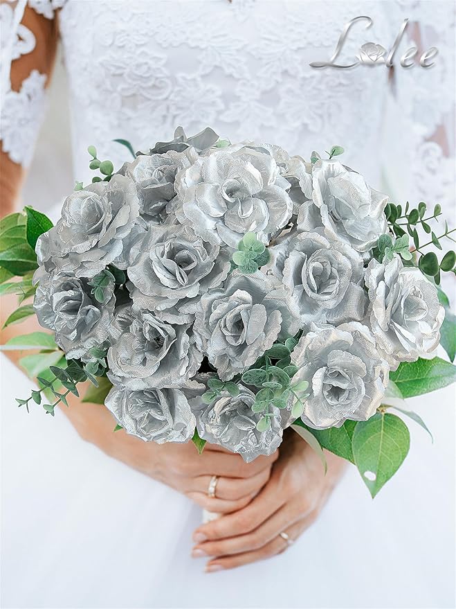 LELEE Artificial Rose Flowers Head with Stem - 108pcs Silver Artificial Flowers Rose Bulk - Silk Rose Fake Flower for Wedding Bouquet Party Home Decor DIY Baby Shower Centerpieces Tables Decoration