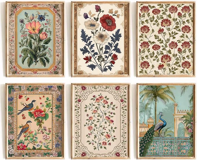 Indian Wall Art Vintage Floral Canvas Poster India Wall Decor Folk Flower Prints Scandinavian Pictures Antique Botanical Painting Gallery Artwork for Bedroom Living Room 12x16 Inch Unframed Set of 6