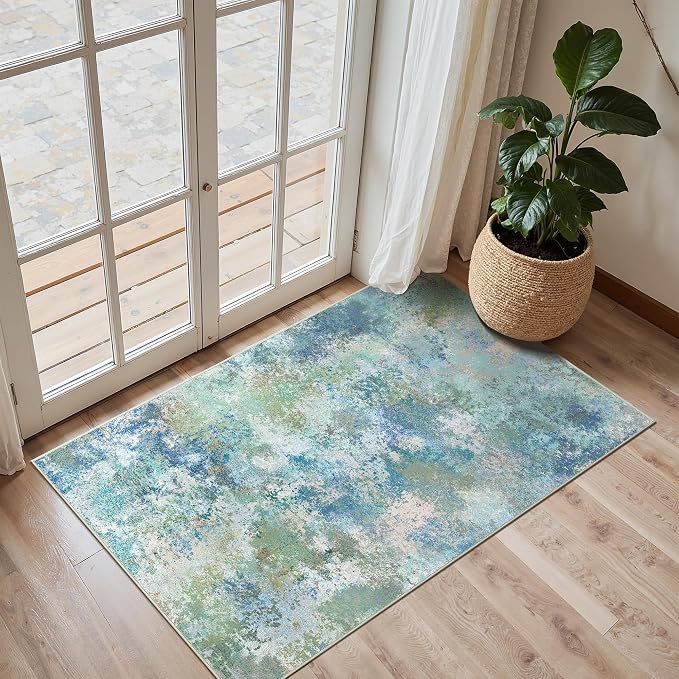 BEIMO 2x3 Rugs for Entryway Entrance Kitchen Bathroom, Machine Washable Rug Modern Abstract Soft Area Rug, Low Pile Indoor Floor Carpet with Non Slip Backing, Blue Green