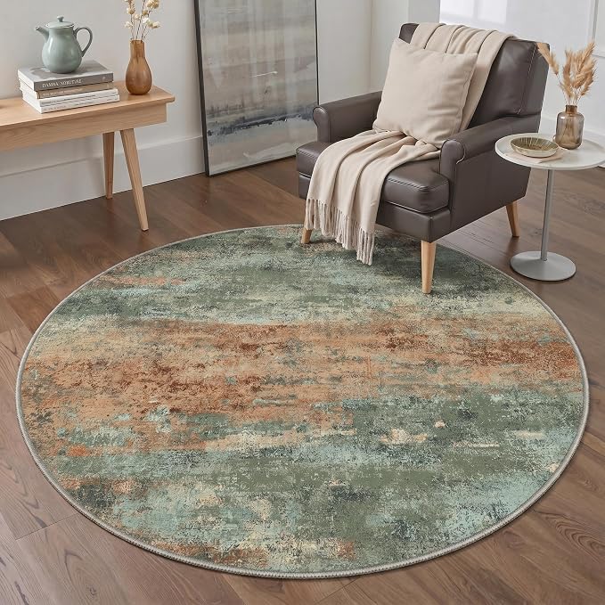 BEIMO Round Rugs 5ft for Living Room Bedroom, Modern Abstract Machine Washable Rug, Large Soft Low Pile Indoor Floor Carpet with Non Slip Backing for Dining Room, Dusty Sage Green