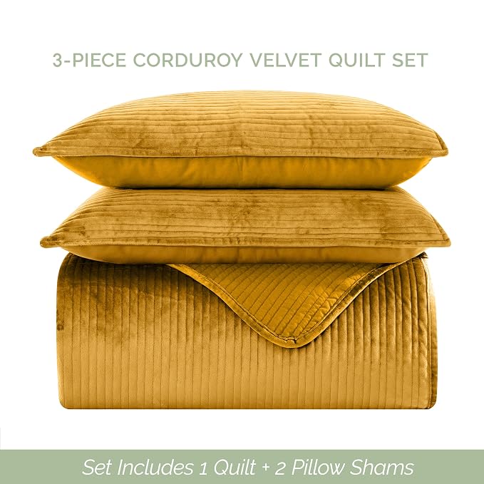 Elegant Comfort Luxury 3-Piece Velvet Corduroy Stripe Quilt Set, Ultra Soft Bedspread - Cozy Velvet Coverlet Set - 3PC Medium Weight Quilted Set with Matching Pillow Shams, Queen, Gold