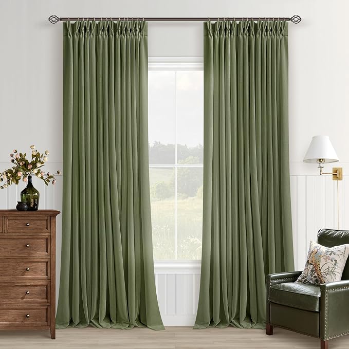 Olive Green Pinch Pleated Semi Sheer Linen Curtains 102 Inches long for Living Room 2 Panels Set Green Pinch Pleat Drapes Back Tab Farmhouse Boho Ceiling to Floor 102 Inch Curtains for Bedroom Window