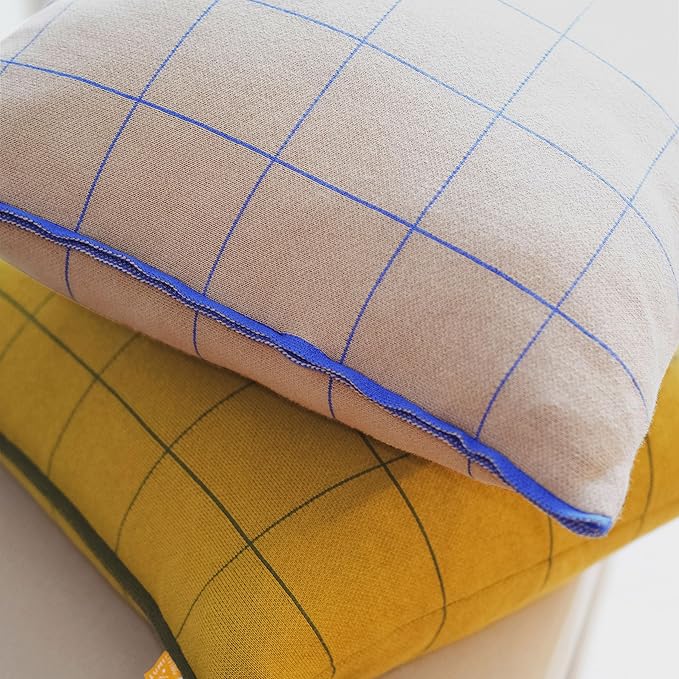100% Soft Cotton Knitted Modern Window Pane Pillow Cover (Sand/Latte)