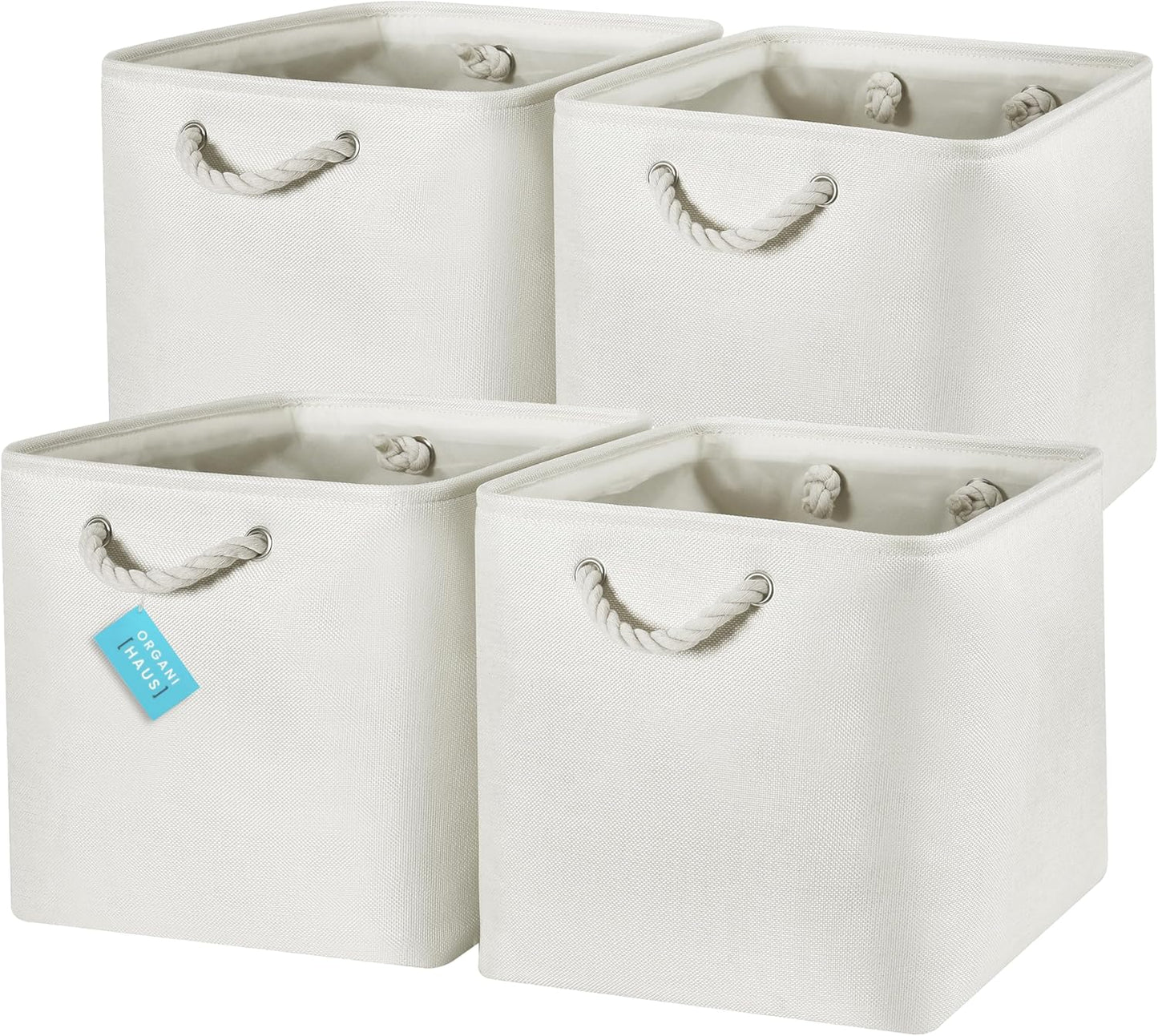 OrganiHaus 13x13 Cube Storage Bins 4 Pack, Foldable Cube Storage Organizer w/ Rope Handles, Collapsible Fabric Bins for Toys, Clothes & Closet Organization, Fabric Square Baskets - Off-White