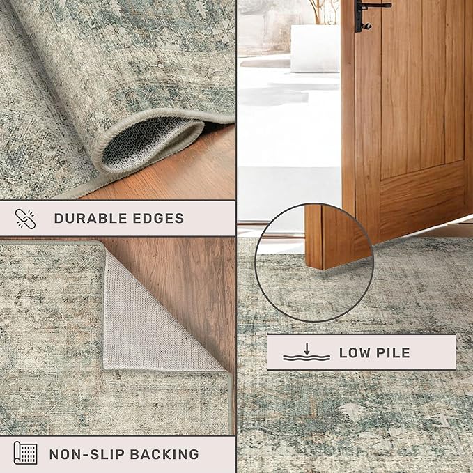 Washable 7x10 Moss Area Rug for Living Room Table – Neutral Green Farmhouse Rug for Dining Room, Vintage Bedroom Under Bed, Non-Slip Stain & Fade Resistant, Vintage Distressed Farmhouse Décor
