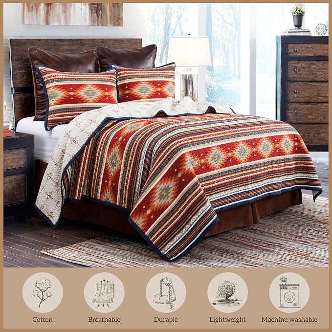 Paseo Road Del Sol Queen Quilt Set, 3 Piece Rustic Western Bedding Set with Pillow Sham, Lightweight Reversible Cotton Quilt with Southwestern Aztec Pattern, Soft Breathable Cozy Boho Bedding