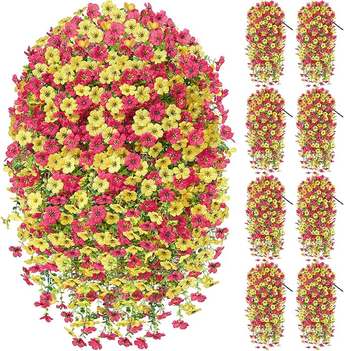 Artificial Hanging Flowers for Outdoors Spring Summer Decoration, 8PCS UV Resistant Silk Fake Hanging Plants for Patio Porch Front Yard Window Garden Indoor Decor(Hot Pink&Yellow,8PCS)