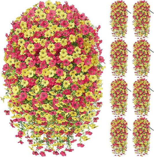 Artificial Hanging Flowers for Outdoors Spring Summer Decoration, 8PCS UV Resistant Silk Fake Hanging Plants for Patio Porch Front Yard Window Garden Indoor Decor(Hot Pink&Yellow,8PCS)