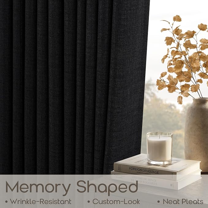96 Inch Black Pleated Curtains 2 Panels Set Memory Trained Semi Sheer Privacy High Window Back Tab Curtains for Living Dining Room 96 Inches Long Modern Decorative Pinch Pleat Burlap Drapes 8 FT