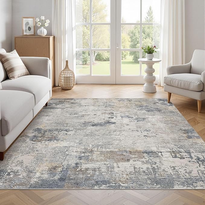 UERMEI Square Area Rugs : Washable 6x6 Neutral Modern Abstract Carpet for Living Room Bedroom - Soft Floor Mat with Non Slip Backing for Kitchen Nursery Dorms Farmhouse Home Decor - Blue Grey