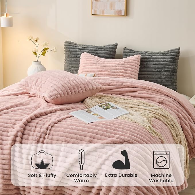 Simple&Opulence Fluffy Faux Fur Comforter Set, Plush Fuzzy Minky Bedding Set, 3 Pieces Warm Soft Comforter Bedding Set for Winter - 1 Shaggy Comforter with 2 Pillow Shams(King, Striped - Pink)