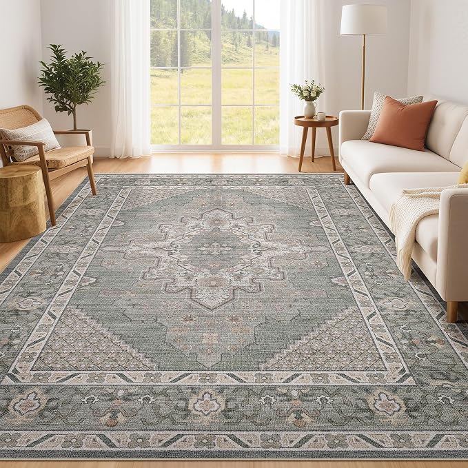 Tortania Area Rug Living Room Rugs - 12x15 Washable Boho Rug Vintage Oriental Distressed Farmhouse Large Thin Indoor Carpet for Living Room Bedroom Under Dining Table Home Office - Green Gray